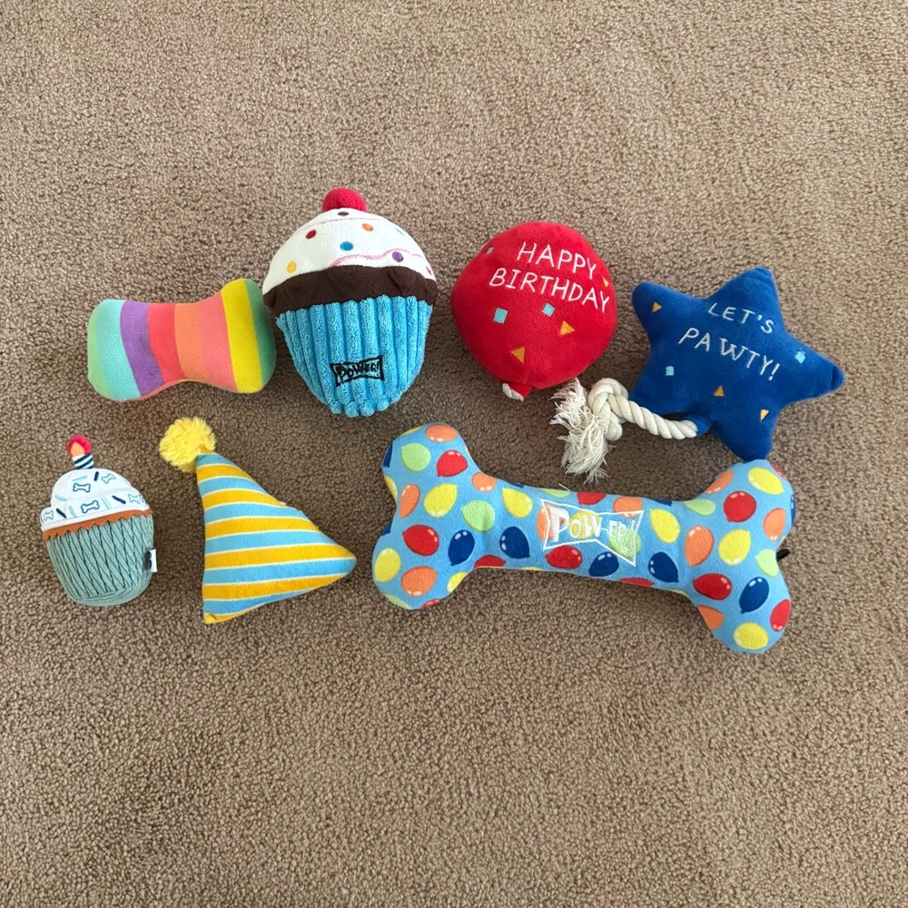Colorful Lot of Birthday / Party / Pawty Squeaky Dog Toys - Seven (7)